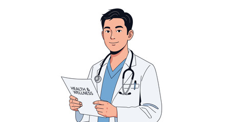 Fototapeta premium Flat illustration of a friendly male doctor in a white coat, holding a paper titled 