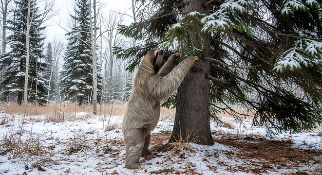 Sloth reaching for branches in a snow covered pine forest