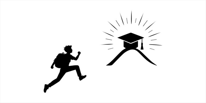 Student Running Toward Graduation Success Black Vector Education Icon
Academic Goal Achievement Student and Graduation Cap Silhouette Vector Illustration
Education Success Journey Student Reaching Gra