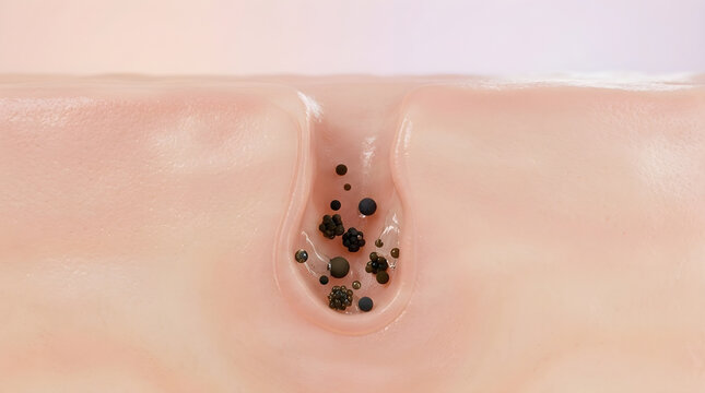 Microscopic dirt particles block an open skin pore to cause an inflammatory sebaceous cyst. 3D rendering.