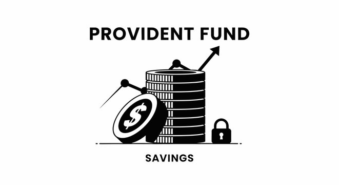 Black and white icon of a provident fund featuring a stack of dollar coins, a growing trend arrow, and a security padlock representing financial savings.