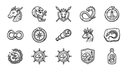 Mythical Creatures & Nautical Symbols Icon Set: Dragons, Serpents, Anchors, Lighthouses, Compasses © Capi