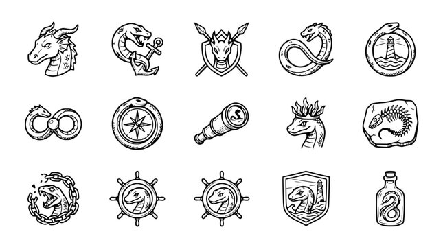 Mythical Creatures & Nautical Symbols Icon Set: Dragons, Serpents, Anchors, Lighthouses, Compasses