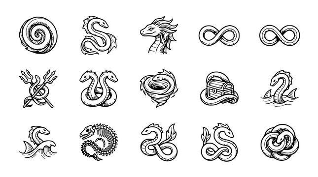 Mythical Creatures and Symbols: Dragons, Serpents, Infinity, Treasure Chest, Trident