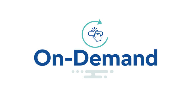 Modern "On-Demand" typography logo with a hand click icon and circular arrow, representing instant digital service, user interaction, and technology. Isolated on a white background.