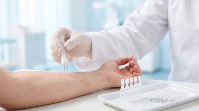 Allergist performing skin prick allergy test on patient&rsquo;s forearm with multi-prong applicator, close-up diagnostic procedure in bright clinic.