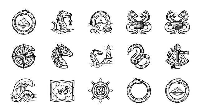 Nautical Fantasy Icons: Sea Monsters, Maps, Compasses, Lighthouses, Ouroboros