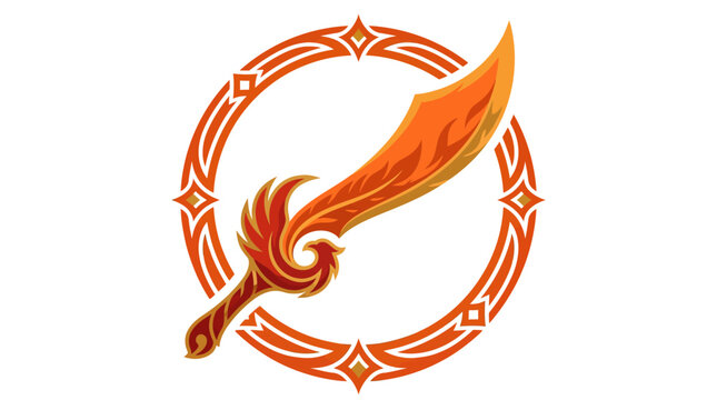 Fantasy sword emblem with flame design.