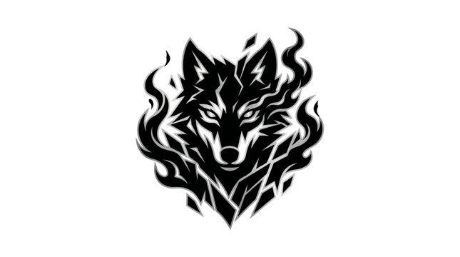 Black wolf head with flames illustration.