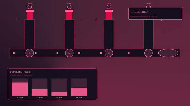 A digital drilling automation dashboard display shows fluctuating industrial performance metrics as multiple pipeline status bars rise and fall across a dark purple gradient interface screen