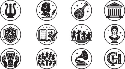 Solid black silhouette vector icon set representing classical music history literature theater and cultural heritage © amodha