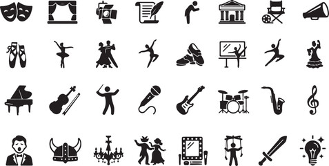 Solid black silhouette vector icon set representing performing arts theater dance music and stage production © amodha