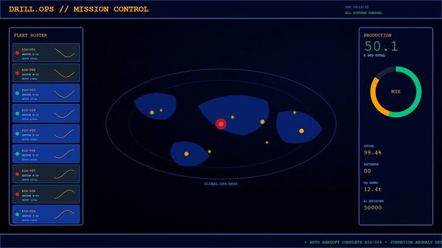 A digital drilling automation dashboard displays complex fleet metrics and live geological tracking data across three screens showing system progress in a modern monitoring command center