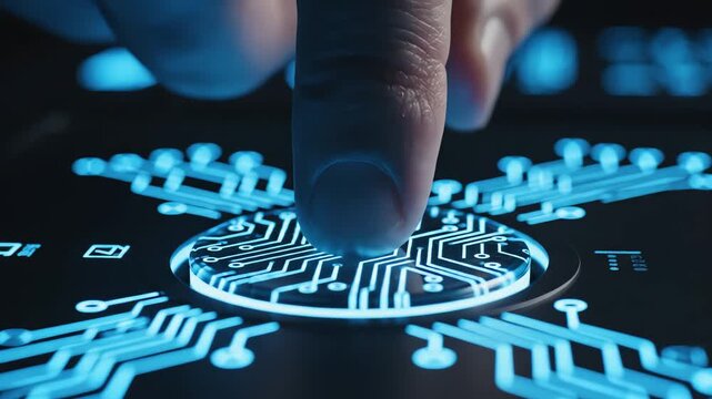 Finger touching glowing digital circuit board interface for security. 4K Video