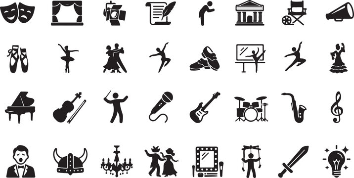 Solid black silhouette vector icon set representing performing arts theater dance music and stage production