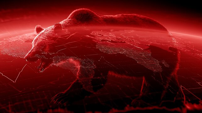 Enormous bear shadow covering digital world map, global recession fears, declining stock exchanges, economic slowdown concept