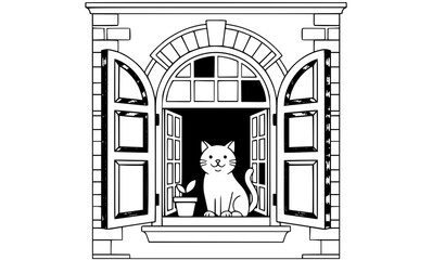 Georgetown Penang Cat Window Mural Inspired Vector Illustration with Historic Building © Md