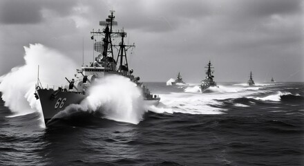 Fototapeta premium Destroyer warship sailing through rough ocean waves. Navy fleet in formation during military operation. Maritime defense and security patrol mission. Powerful naval vessel at stormy sea.