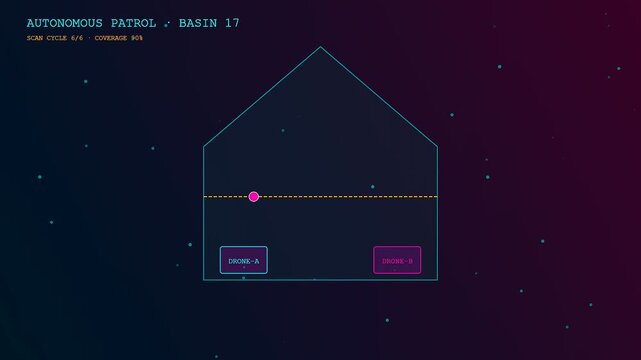 Digital drilling automation screens displaying a geometric house shape with moving circular nodes and loading progress data in a dark minimalist interface for technical monitoring software