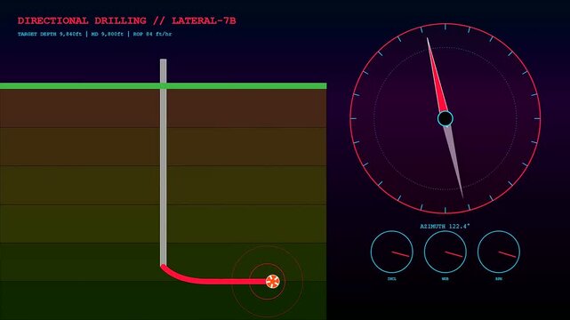Drilling automation processes are visualized on digital screens showing vertical underground borehole paths with rotating compass gauges and data telemetry readout in a modern control room environment