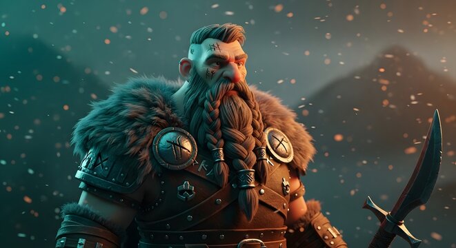 Viking warrior in snowy mountain landscape with axe and armor