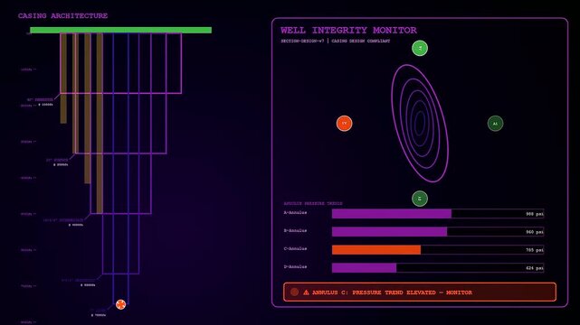 Drilling automation processes are visualized on a digital interface showing subterranean casing geometry and fluctuating oil well pressure readings within a dark computer monitor screen display