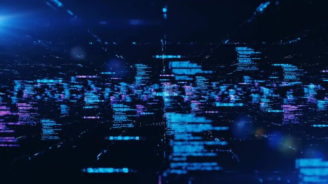 Abstract digital background featuring glowing blue data code blocks and futuristic network connectivity.