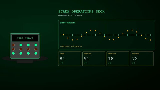 Digital displays showing drilling automation telemetry in a dark control cabin with glowing green interfaces shifting numerical data points in a continuous looping animation sequence