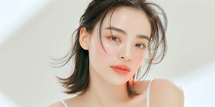 美容, 女性, スキンケア, 化粧品, ビューティー, 若い女性, 美肌, 日本人, アジア人, フェイシャル, メイク, 美容液, 保湿, クリーム, エイジングケア, 美容医療, エステ, 美容クリニック, 肌ケア, ナチュラルメイク, 透明感, ツヤ肌, モデル, 笑顔, ポートレート, クローズアップ, リラックス, 癒し, 健康的, 美白, コラーゲン, ヒアルロン酸, アンチエイジング