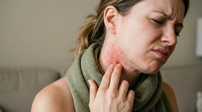 Woman with rash on neck and face experiencing discomfort.