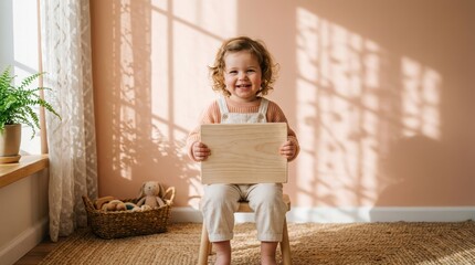 Fototapeta premium Toddler sits on a small chair holding a blank wooden plank in a sunlit room.