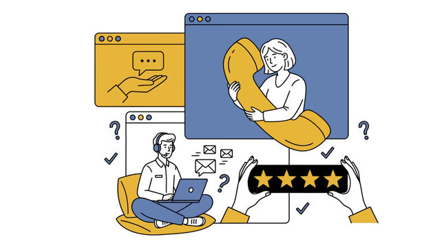 People interact with digital screens displaying reviews and ratings in a modern office setting.