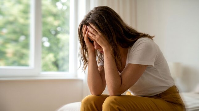 Distressed Person Sitting Indoors with Hands Covering Face in Natural Light Room Depicting Stress and Emotional Wellbeing Lifestyle Concept
