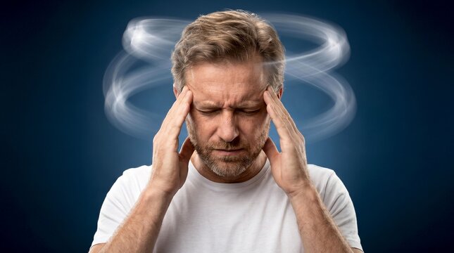 Person Holding Head with Swirling Motion Effect Depicting Dizziness, Vertigo, Confusion, and Balance Disorder Medical Concept Illustration
