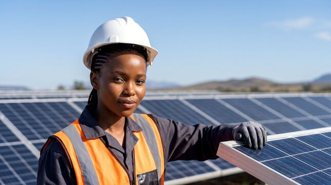Solar Energy Worker in Safety Helmet and Reflective Vest Inspecting Large Solar Panel Array under Clear Blue Sky, Sustainable Power Concept
