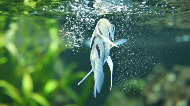 Slow Motion Close Up Of Angelfish Moving to the water surface