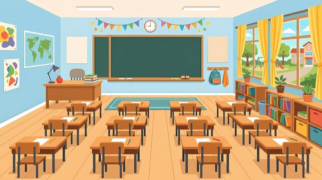 Cartoon empty classroom interior with school desks and chalkboard.