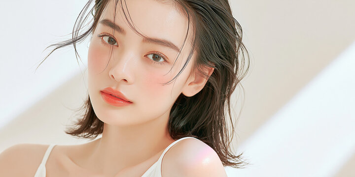 美容, 女性, スキンケア, 化粧品, ビューティー, 若い女性, 美肌, 日本人, アジア人, フェイシャル, メイク, 美容液, 保湿, クリーム, エイジングケア, 美容医療, エステ, 美容クリニック, 肌ケア, ナチュラルメイク, 透明感, ツヤ肌, モデル, 笑顔, ポートレート, クローズアップ, リラックス, 癒し, 健康的, 美白, コラーゲン, ヒアルロン酸, アンチエイジング