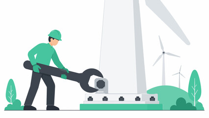 Naklejka premium Illustration of a technician performing maintenance on a large wind turbine structure using a giant wrench