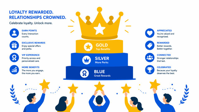 Conceptual Infographic of a Customer Loyalty Reward Program Featuring Tiered Membership Levels for Business Growth and Success