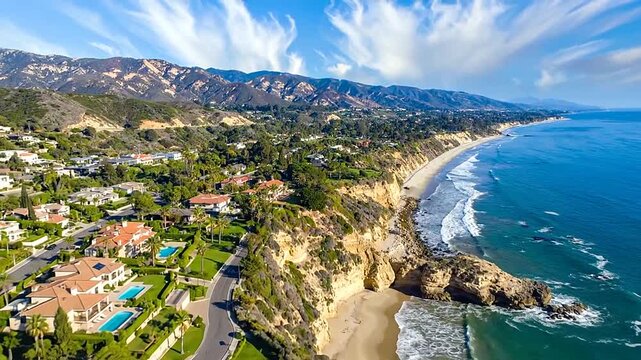 Aerial view of luxury coastal mansions on a cliff overlooking the blue ocean