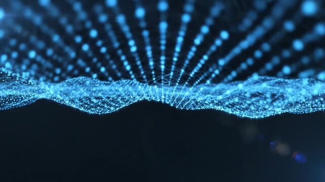 Blue digital particle wave landscape background.