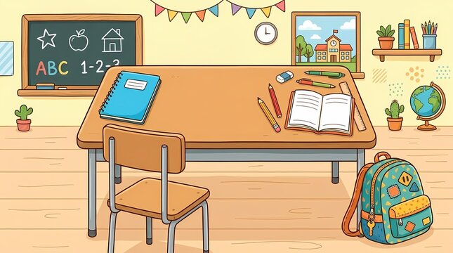 Cartoon school classroom desk with chair and supplies.