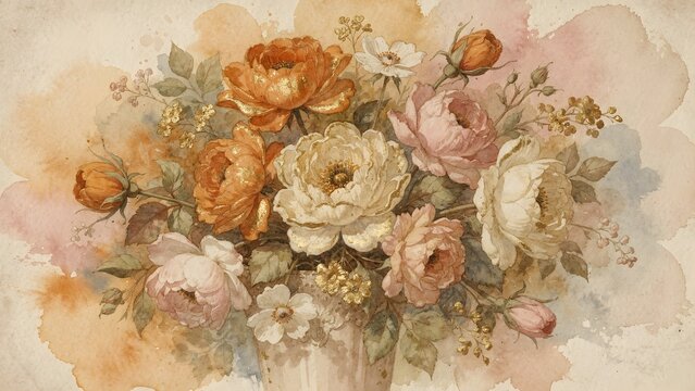 Elegant Watercolor Floral Arrangement of Blooming Roses in Orange Pink and White with Soft Pastels for Romantic Home Decor Illustration