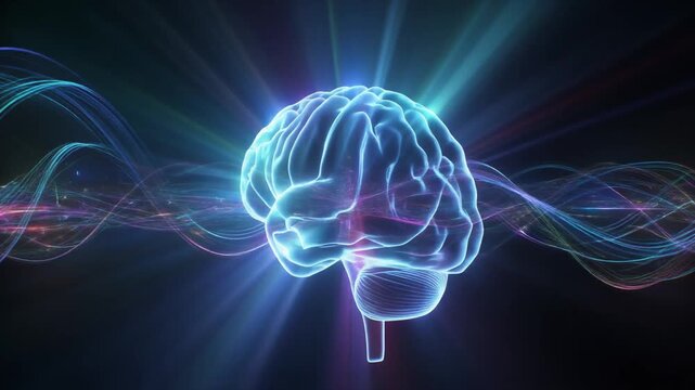 Digital glowing human brain visualization with colorful abstract light waves