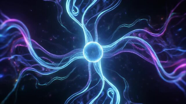 Abstract glowing neural network cell with neon blue and purple energy waves