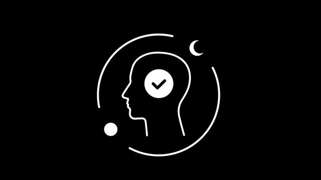4K efficient health white line animation. Human head with check mark animated icon. Optimize cognitive function life. Isolated element on transparent background. 