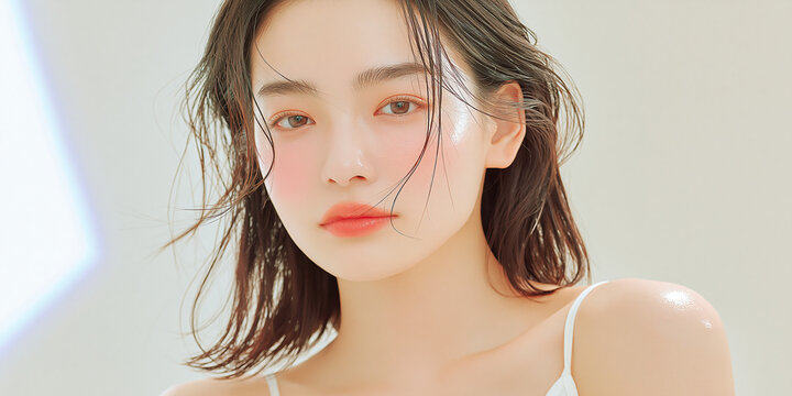 美容, 女性, スキンケア, 化粧品, ビューティー, 若い女性, 美肌, 日本人, アジア人, フェイシャル, メイク, 美容液, 保湿, クリーム, エイジングケア, 美容医療, エステ, 美容クリニック, 肌ケア, ナチュラルメイク, 透明感, ツヤ肌, モデル, 笑顔, ポートレート, クローズアップ, リラックス, 癒し, 健康的, 美白, コラーゲン, ヒアルロン酸, アンチエイジング