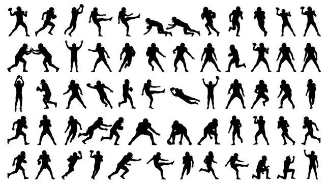 American football players silhouettes in various game action poses