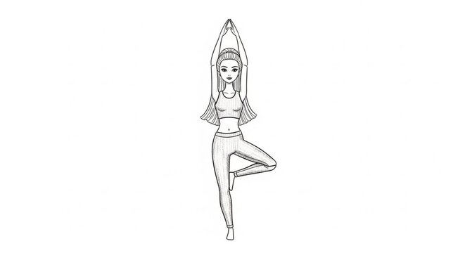 Illustration of woman practicing yoga tree pose gracefully indoors.